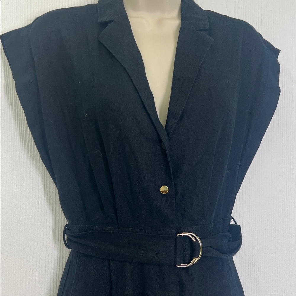 Zara - Black Linen Blend Short Sleeve Golden Button Belted Maxi Dress Size Small - Picture 4 of 10
